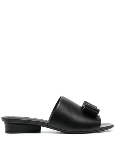Ferragamo Double Bow Mule Sandals In Black