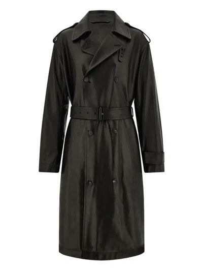 Ferragamo Double-breasted Belted Leather Trench Coat In Black