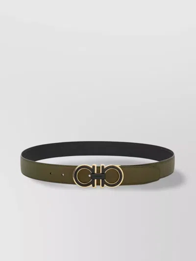 Ferragamo Double Buckle Reversible Gancini Belt In Green