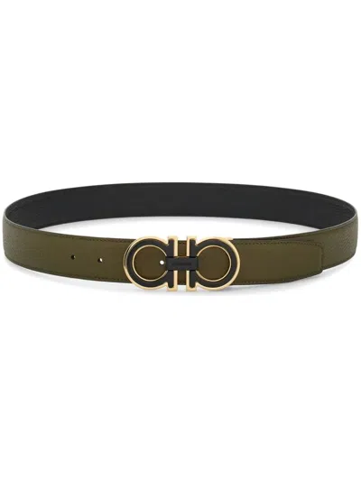 Ferragamo Double Finish Buckle Reversible Gancini Belt In Black