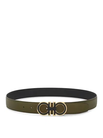 Ferragamo Double Finish Buckle Reversible Gancini Belt In Green