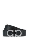 Ferragamo Polished Double Gancini Buckle Belt In Calf Leather In Black