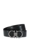 Ferragamo Polished Double Gancini Buckle Belt In Calf Leather In Black