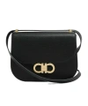 Ferragamo Women Black Crossbody Bag With Double Gancini Plaque On The Front In Grained Leather Woman In Black