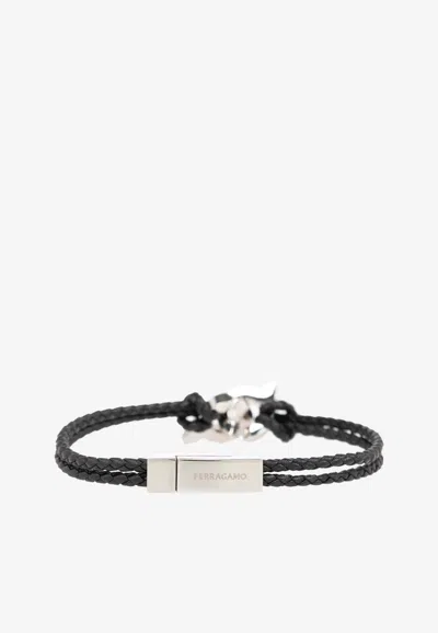 Ferragamo Double Gancini Braided Leather Bracelet In Black