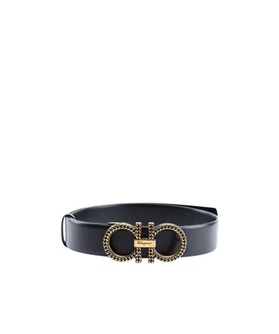 Ferragamo Double Gancini Buckle Belt In Black