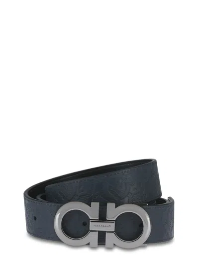 Ferragamo Double Gancini Buckle Calf Leather Belt In Black