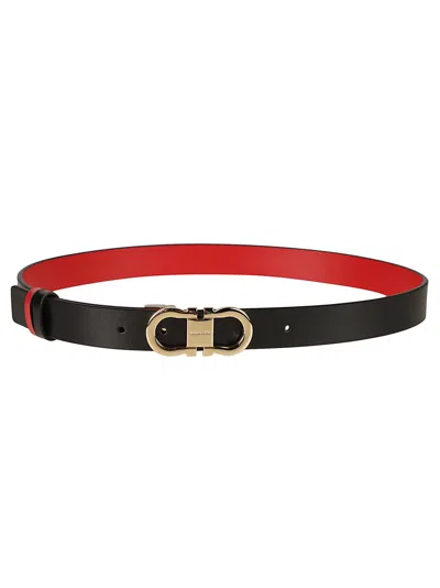 Ferragamo Double Gancini Buckled Belt In Black/flame Red