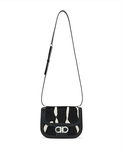 Ferragamo Double Gancini Calf Hair Crossbody In Black