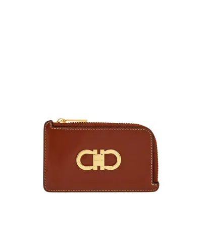 Ferragamo Double Gancini Credit Card Holder In Brown