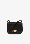 Ferragamo Women Black Crossbody Bag With Double Gancini Plaque On The Front In Grained Leather Woman In Black