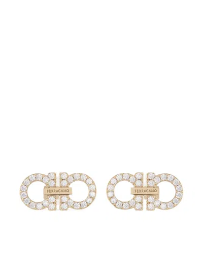 Ferragamo Double Gancini Crystal Embellished Earrings In Gold