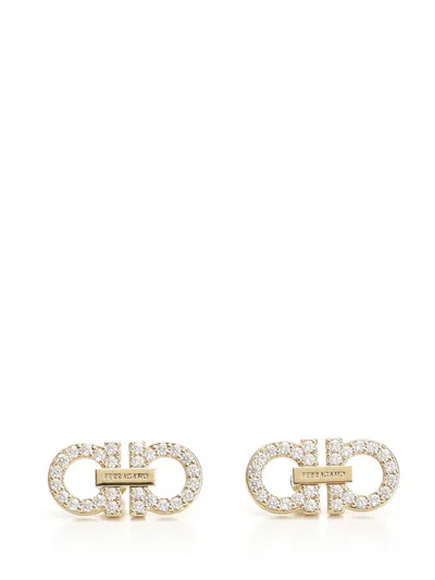 Ferragamo Double Gancini Earrings With Crystals In Gold