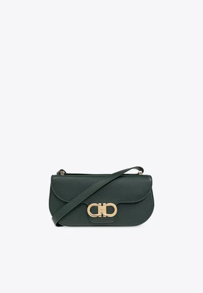 Ferragamo Double Gancini East-west Shoulder Bag In Hammered Leather In Green