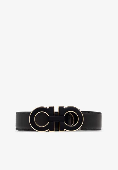 Ferragamo Double Gancini Leather Belt In Black