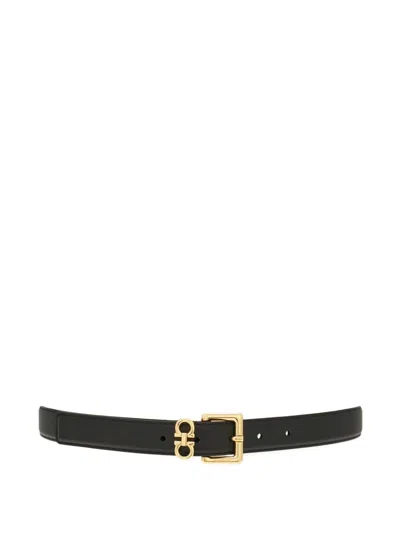 Ferragamo Double Gancini Leather Belt In Black