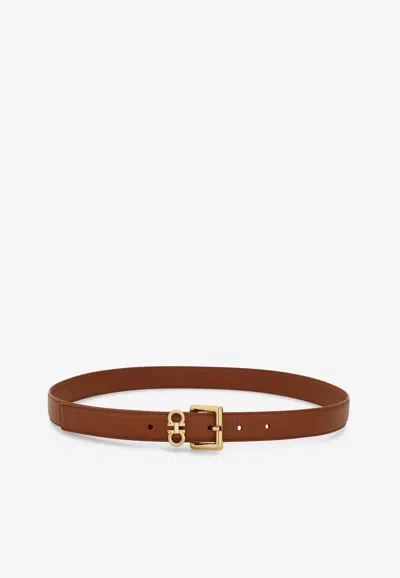 Ferragamo Double Gancini Leather Belt In Brown