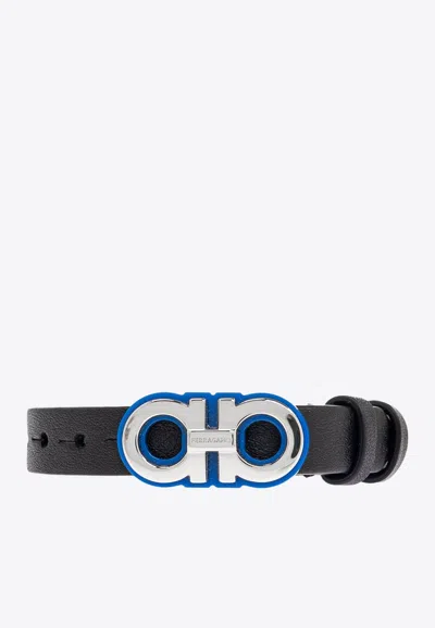 Ferragamo Double Gancini Leather Bracelet In Black