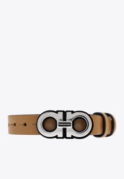 Ferragamo Double Gancini Leather Bracelet In Brown