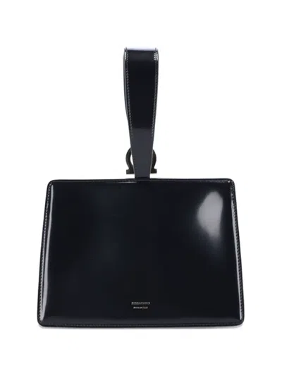 Ferragamo Double Gancini Leather Clutch Bag In Black