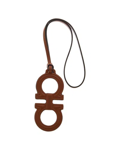 Ferragamo Double Gancini Leather Keychain In Brown