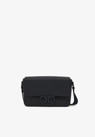 Ferragamo Double Gancini Leather Messenger Bag In Black