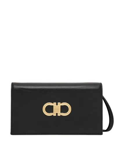 Ferragamo Black Leather Gancini Shoulder Bag In Blackflamered