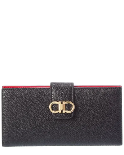 Ferragamo Double Gancini Leather Wallet In Black