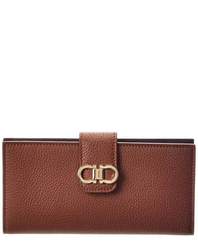 Ferragamo Double Gancini Leather Wallet In Brown