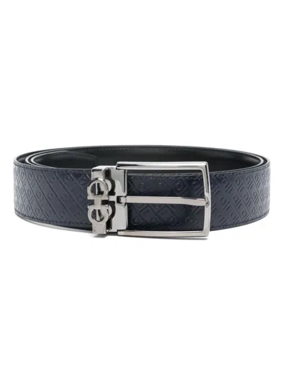 Ferragamo Double Gancini Logo-debossed Leather Belt In Blue