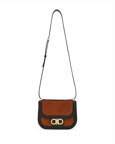 Ferragamo Double Gancini Mini Suede & Leather Crossbody In Brown