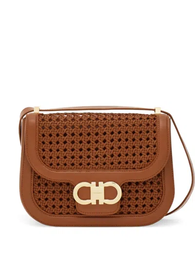 Ferragamo Double Gancini Extra Small Woven Leather Crossbody In Brown