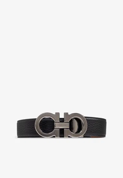 Ferragamo Double Gancini Reversible Leather Belt In Black