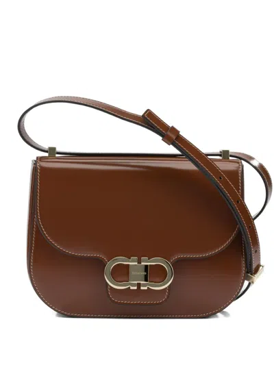 Ferragamo Double Gancini Shoulder Bag In Brown