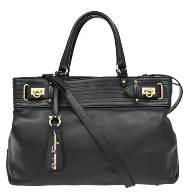 Pre-owned Ferragamo Double Gancini Side Buckle Tote Leather Leather Tote Bag Bag () In Black