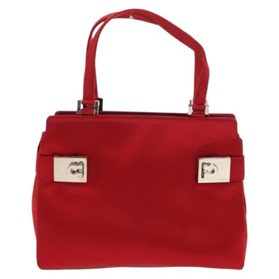 Pre-owned Ferragamo Double Gancini Side Buckle Tote Satin Silk Handbag () In Red