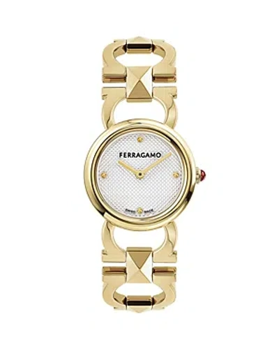 Ferragamo Double Gancini Stud Watch, 25mm In Ip Yellow Gold/white Silver