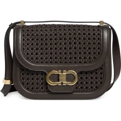 Ferragamo Double Gancini Woven Leather Crossbody Bag In Brown