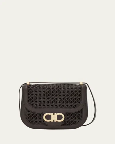 Ferragamo Double Gancini Woven Leather North-south Crossbody Bag In Brown