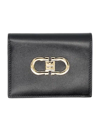 Ferragamo Double Gancio Bicolor Wallet In Nero + Flame Red