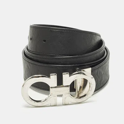 Pre-owned Ferragamo Double Gancio Cut To Size Belt Black Embossed Leather