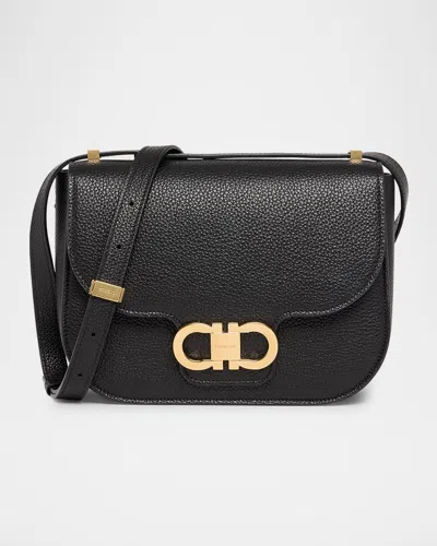 Ferragamo Double Gancio Flap Leather Crossbody Bag In Black