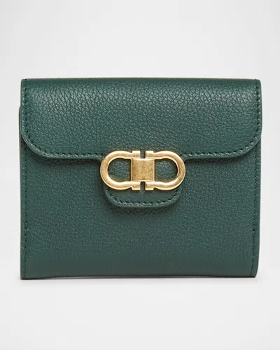 Ferragamo Double Gancio Grainy Leather Wallet In Green