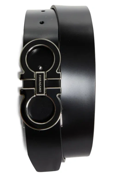 Ferragamo Double Gancio Leather Belt In Nero