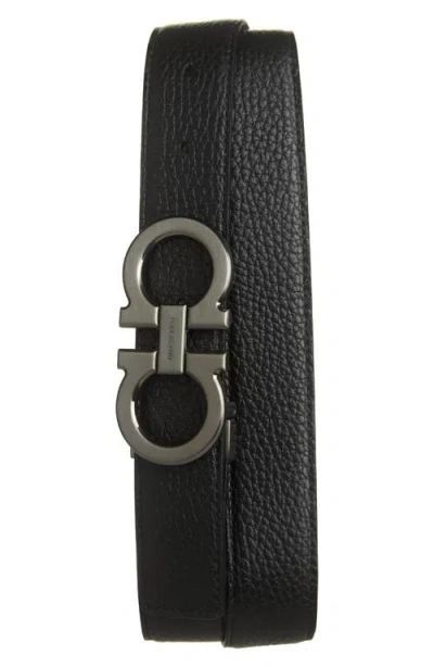 Ferragamo Double Gancio Leather Belt In Nero Clay