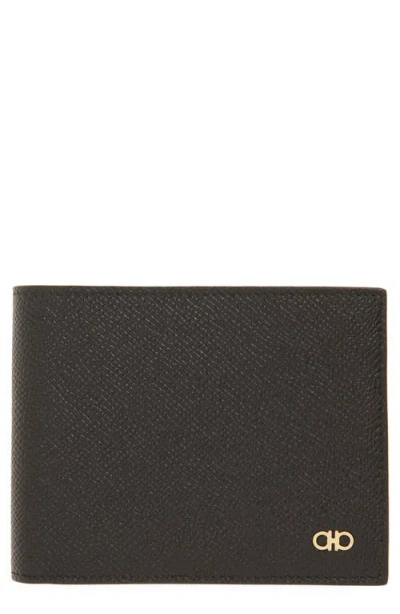 Ferragamo Double Gancio Leather Bifold Wallet In Nero Nero