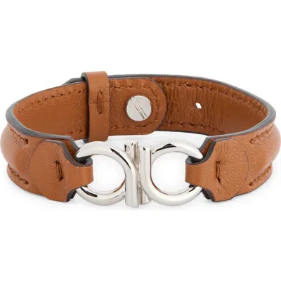 Ferragamo Double Gancio Leather Bracelet In Brown