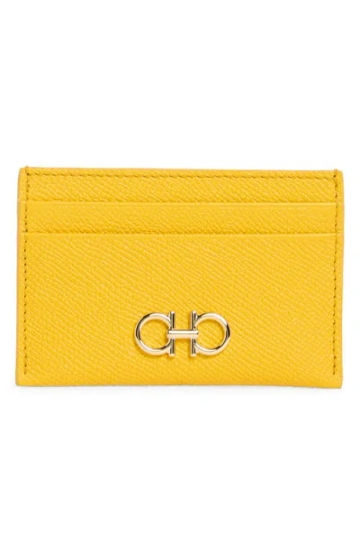 Ferragamo Double Gancio Leather Card Holder In Yellow