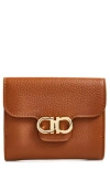 Ferragamo Double Gancio Leather Compact Wallet In Brown