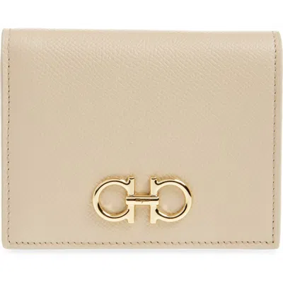 Ferragamo Double Gancio Leather French Wallet In Stone